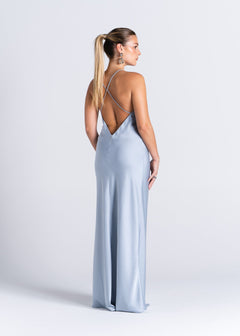 La Mar Satin Gown with Sheer Shawl Baby Blue