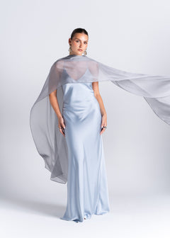 La Mar Satin Gown with Sheer Shawl Baby Blue