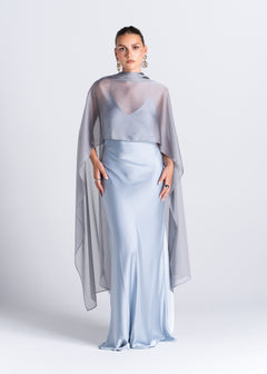 La Mar Satin Gown with Sheer Shawl Baby Blue
