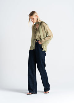 Haze Sheer Button-Up Blouse Green