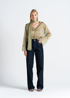 Haze Sheer Button-Up Blouse Green