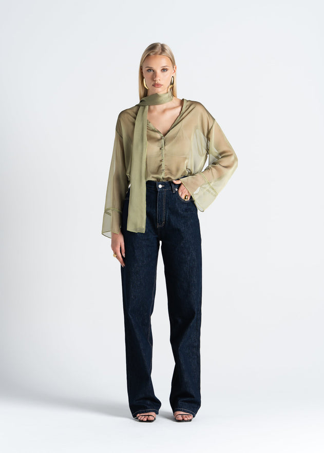 Haze Sheer Button-Up Blouse Green