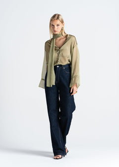 Haze Sheer Button-Up Blouse Green
