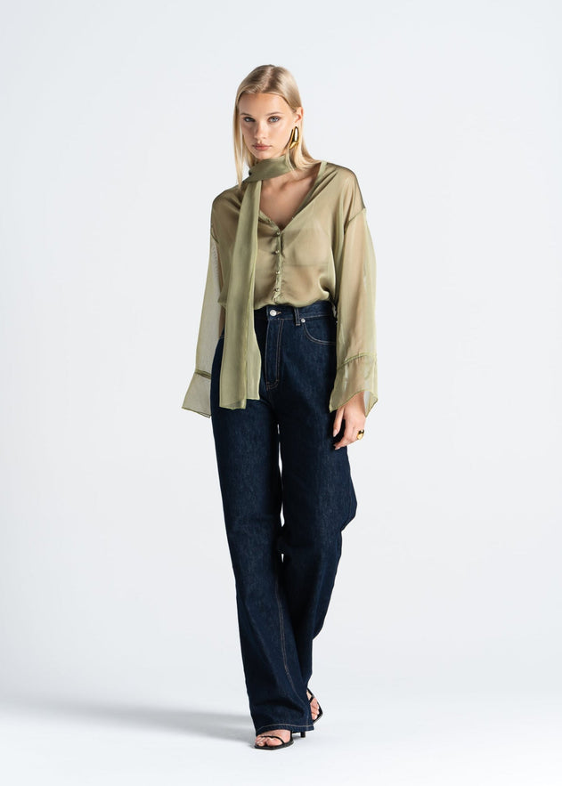 Haze Sheer Button-Up Blouse Green