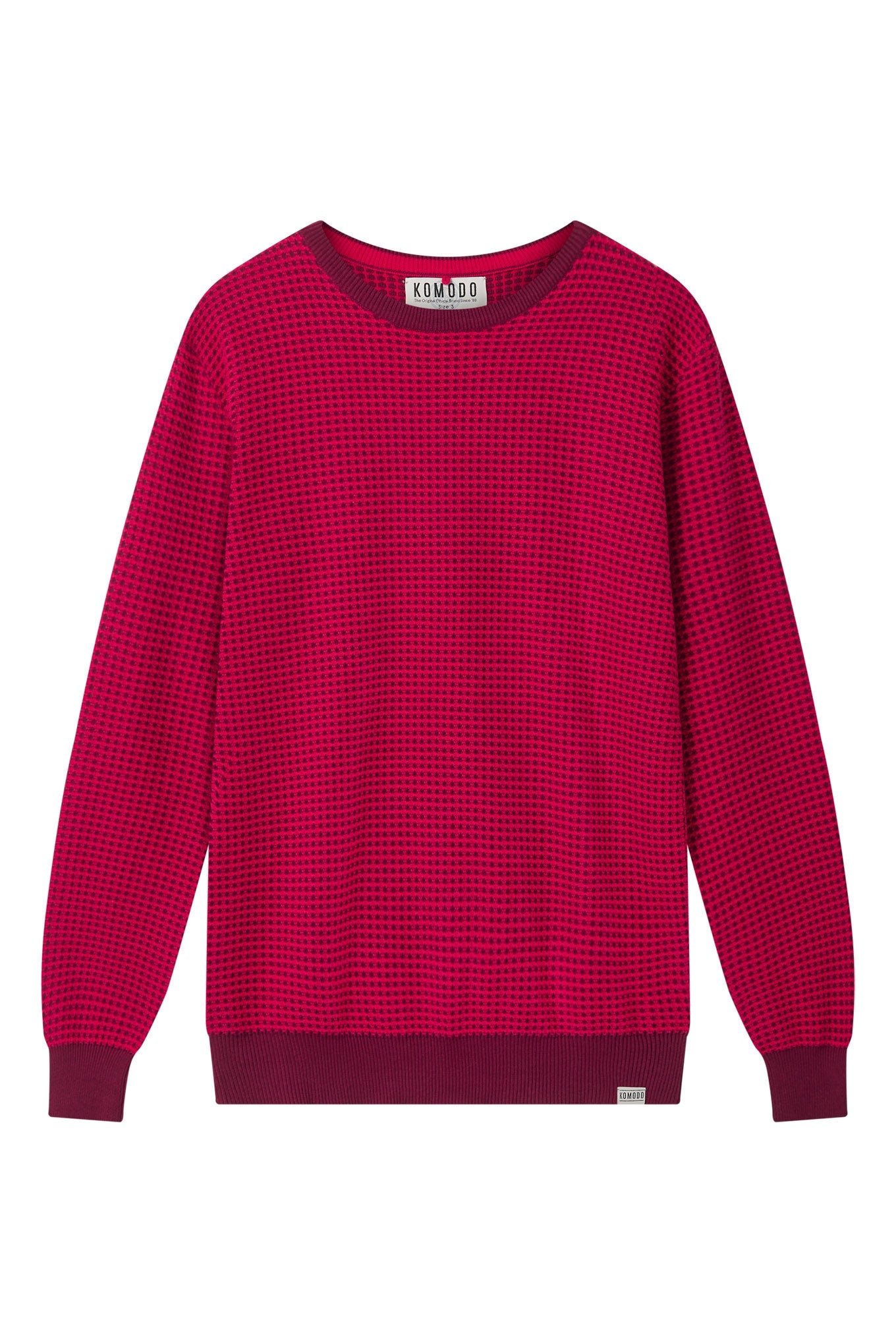 Man wearing Komodo wine red organic cotton jumper