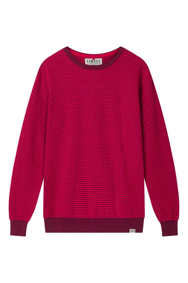 Man wearing Komodo wine red organic cotton jumper