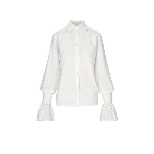 Carmen Ruffle Sleeve Button-Up Shirt White