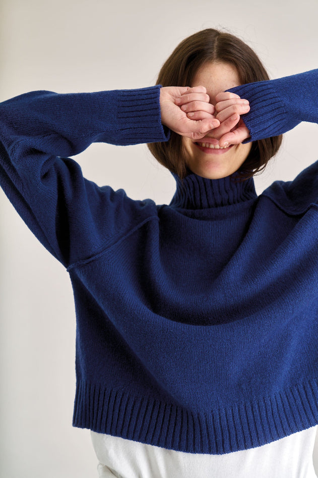 Navy merino wool top, front view