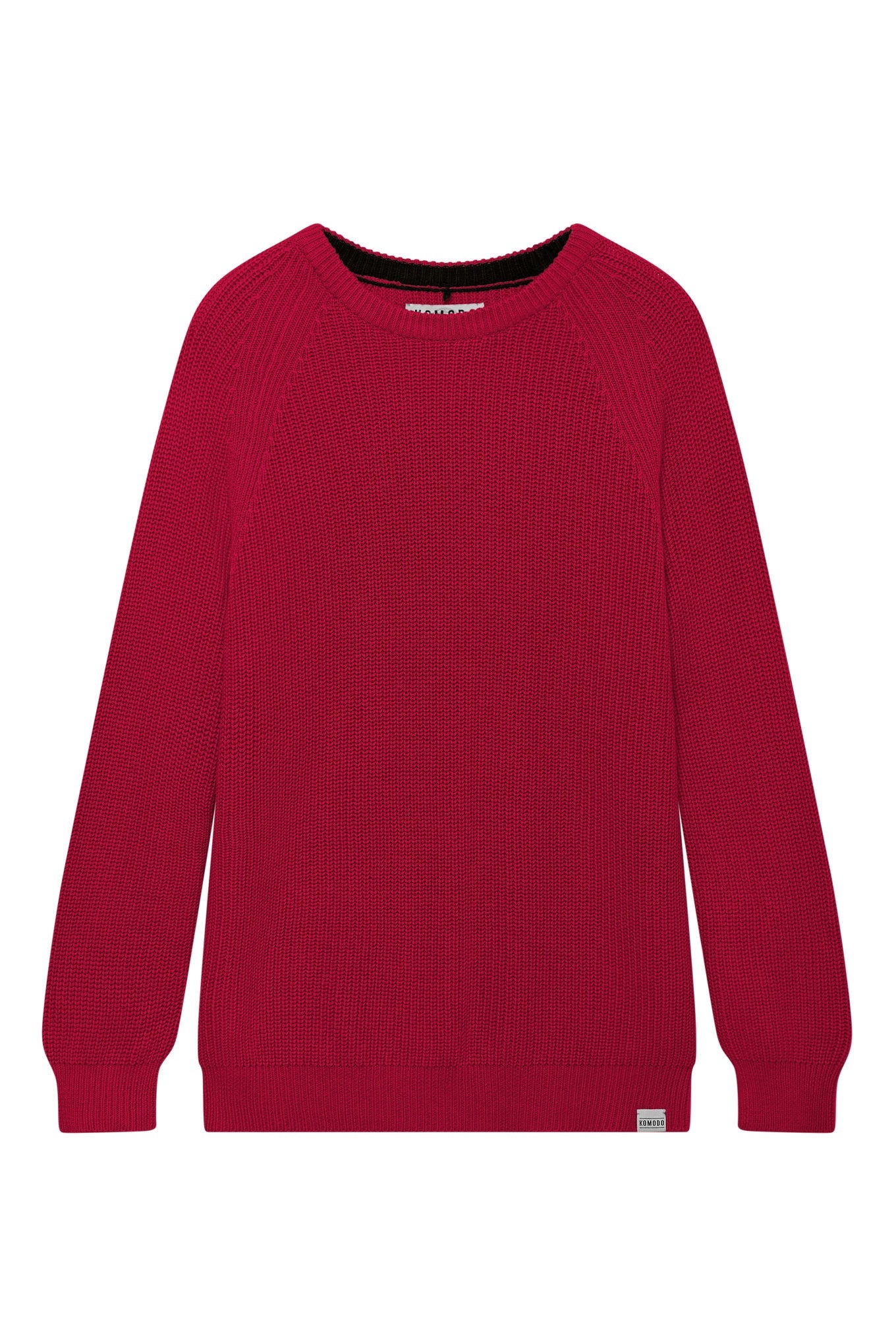 Woman wearing Komodo red organic cotton rib knit jumper