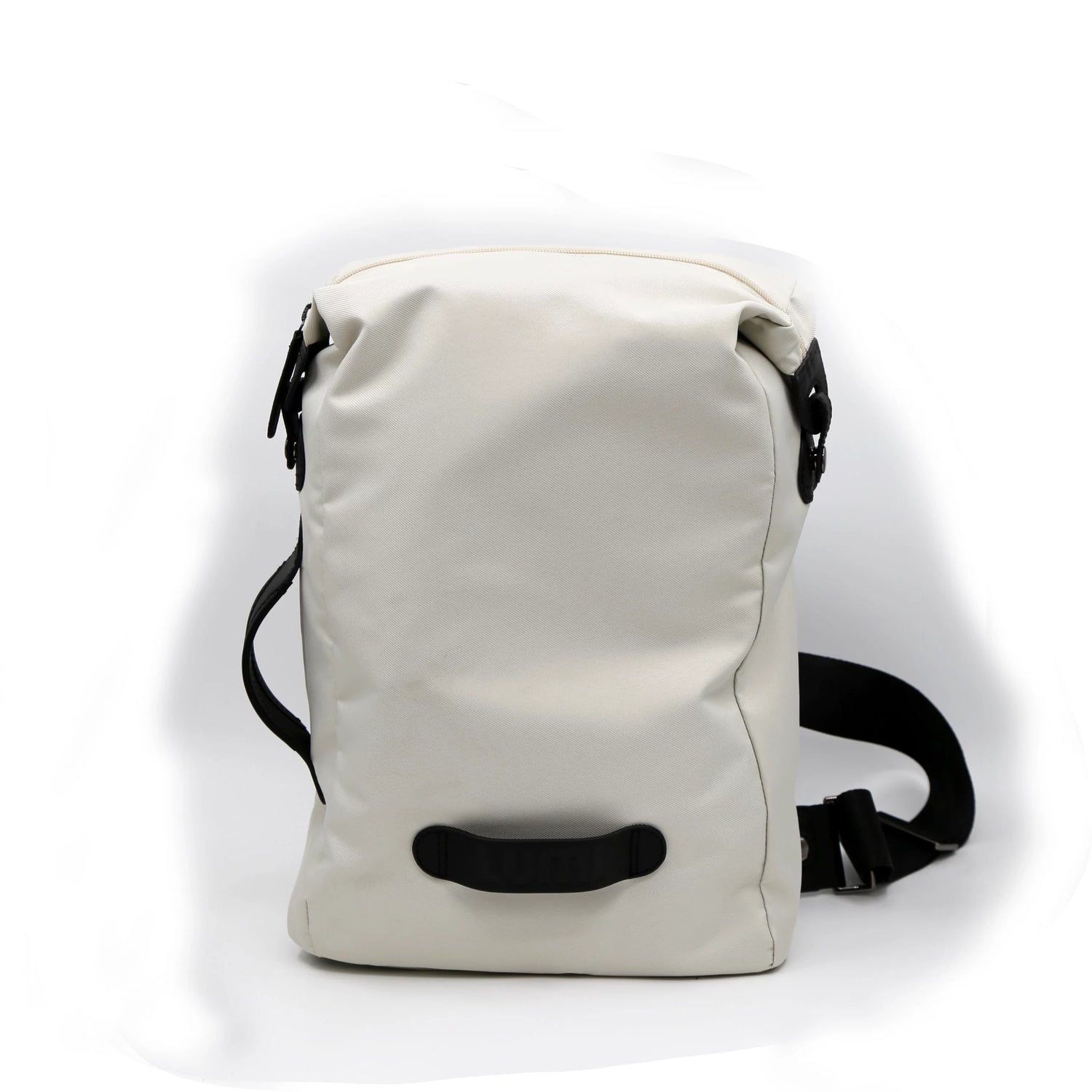 White backpack with black straps on a white background