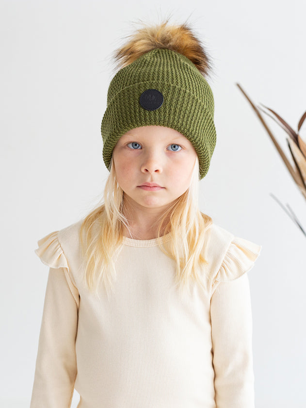 Kids' Merino Wool Faux Fur Pompom Beanie Moss Green