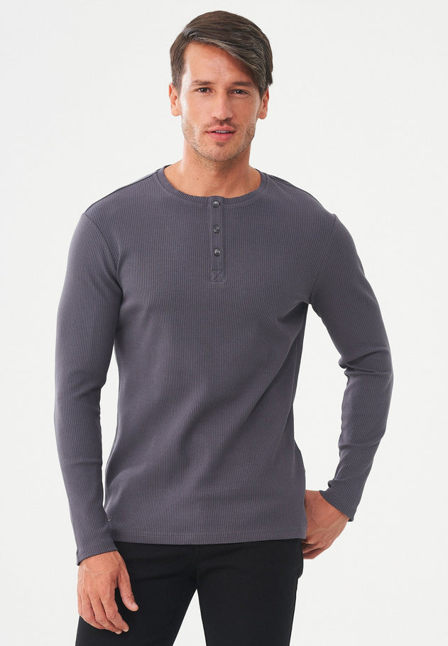 Men's Long-Sleeved Ribbed Henley Shirt Asphalt