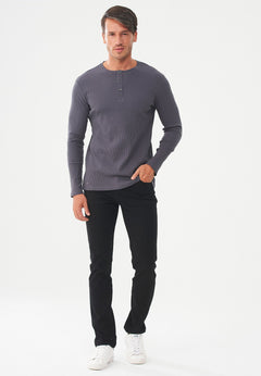 Men's Long-Sleeved Ribbed Henley Shirt Asphalt