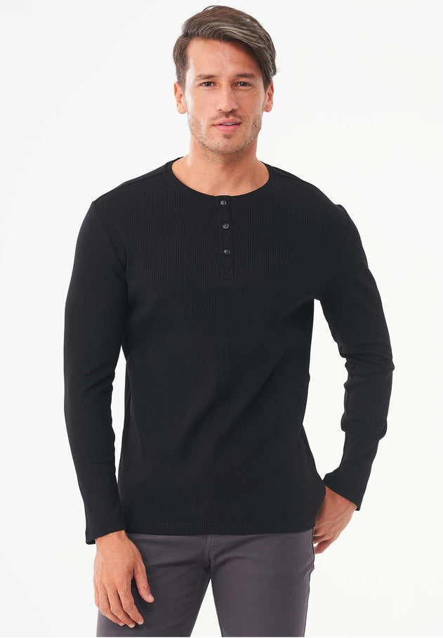 Men's Long-Sleeved Ribbed Henley Shirt Black