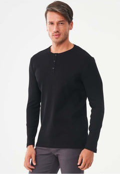 Men's Long-Sleeved Ribbed Henley Shirt Black