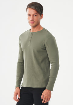 Men's Long-Sleeved Ribbed Henley Shirt Khaki