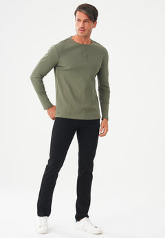 Men's Long-Sleeved Ribbed Henley Shirt Khaki