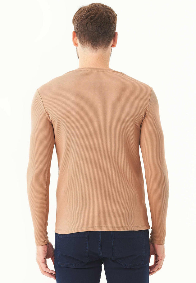 Men's Long-Sleeved Ribbed Henley Shirt Light Brown