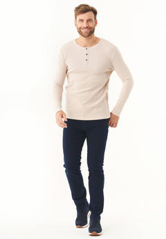 Men's Long-Sleeved Ribbed Henley Shirt Stone