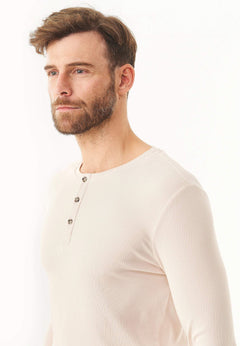 Men's Long-Sleeved Ribbed Henley Shirt Stone