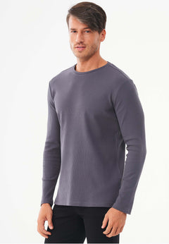 Men's Long-Sleeved Ribbed O-Neck Shirt Asphalt