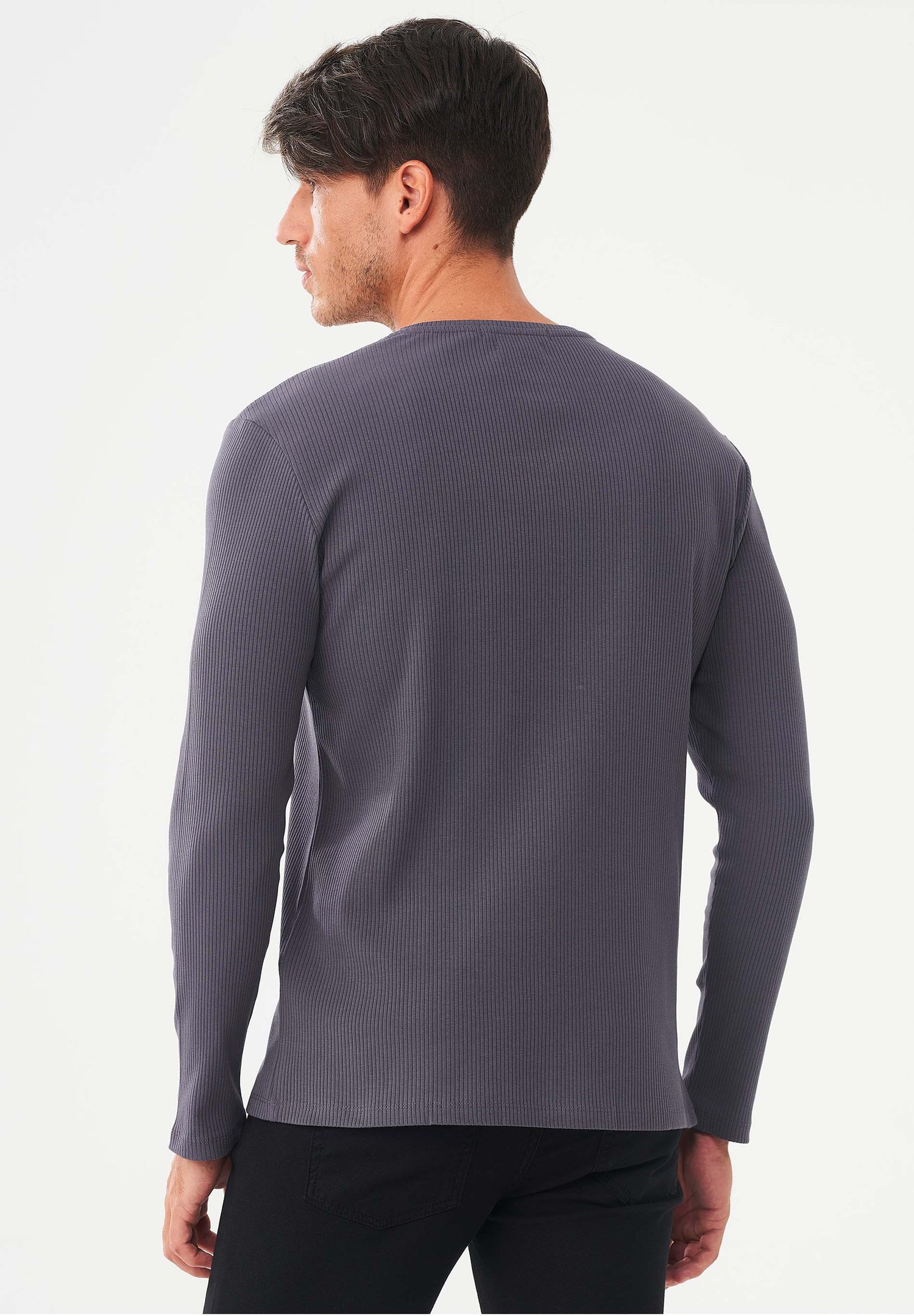 Men's Long-Sleeved Ribbed O-Neck Shirt Asphalt