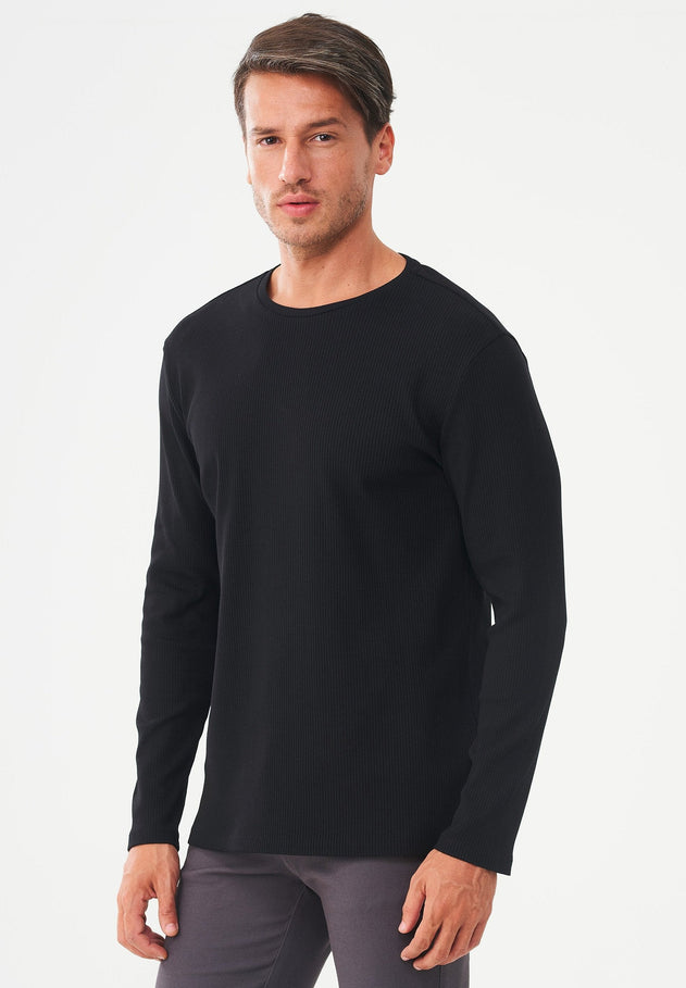 Men's Long-Sleeved Ribbed O-Neck Shirt Black