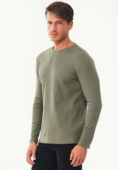 Men's Long-Sleeved Ribbed O-Neck Shirt Khaki