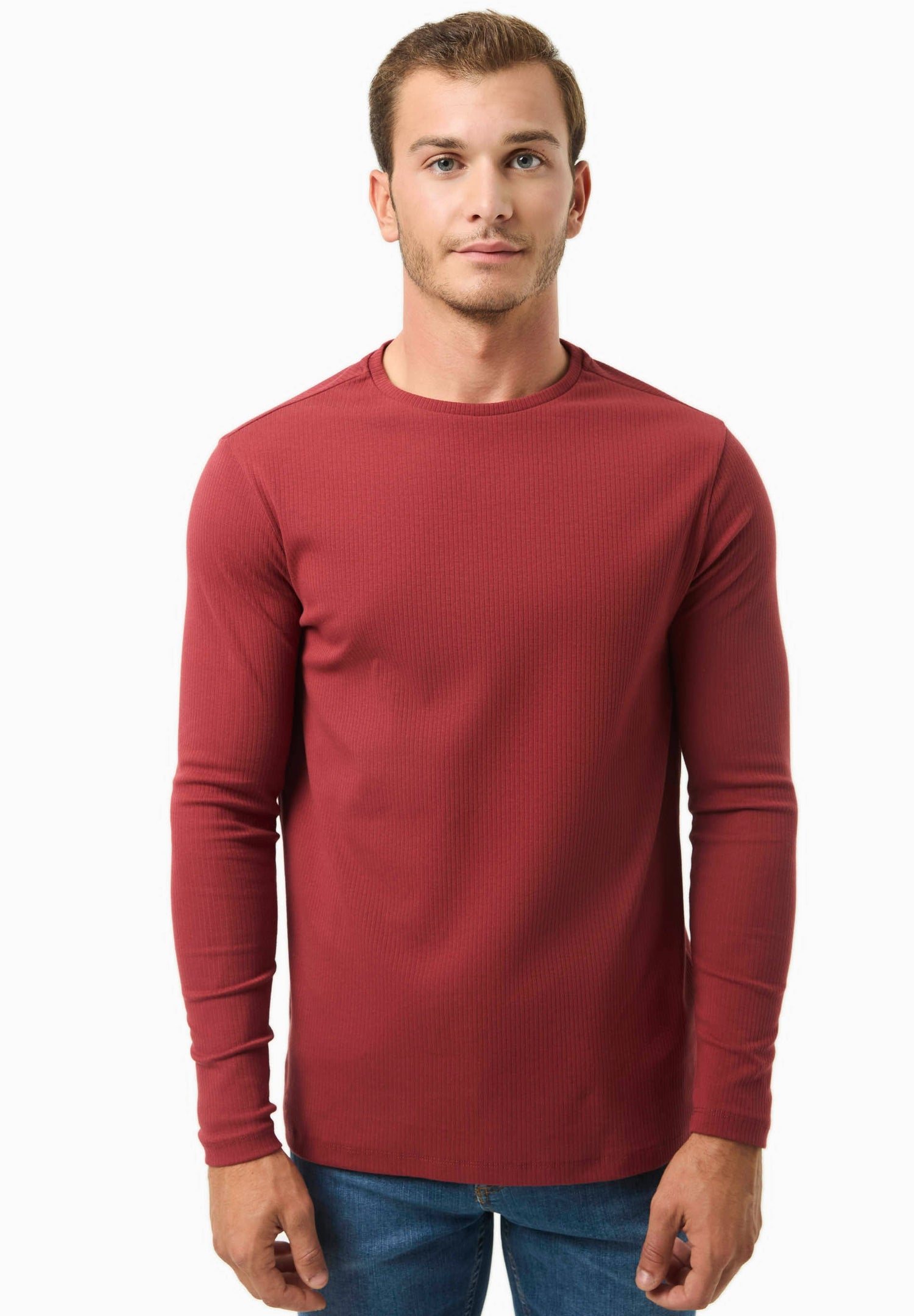 Men's Long-Sleeved Ribbed O-Neck Shirt Merlot