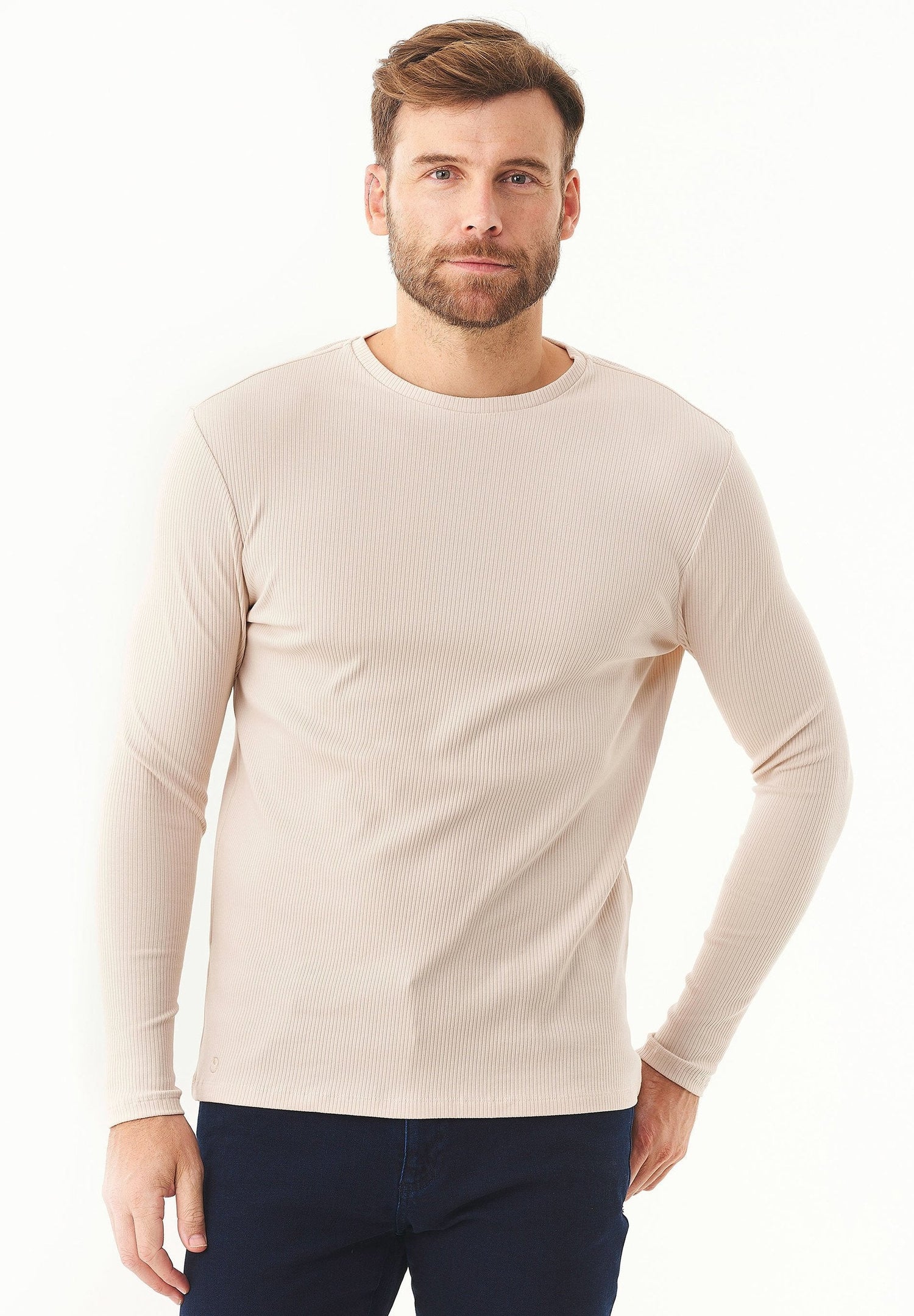 Men's Long-Sleeved Ribbed O-Neck Shirt Stone