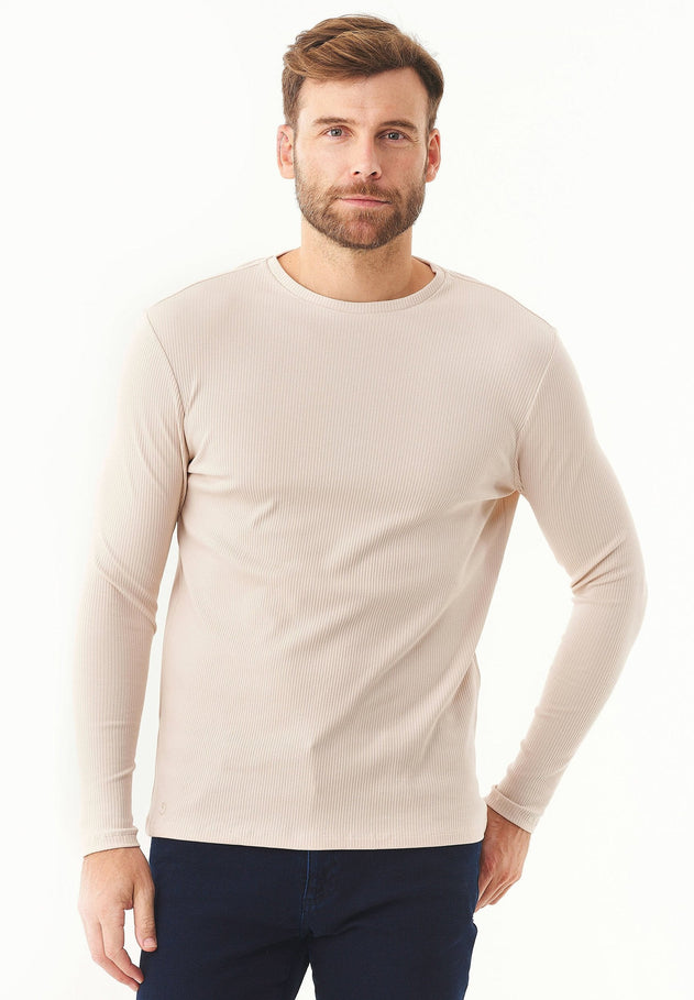 Men's Long-Sleeved Ribbed O-Neck Shirt Stone