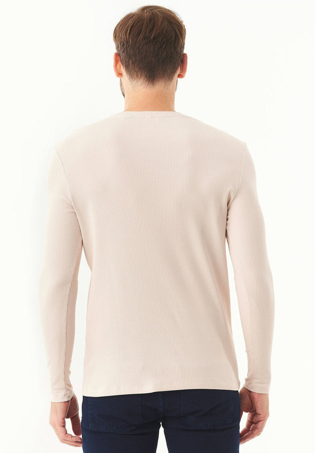 Men's Long-Sleeved Ribbed O-Neck Shirt Stone