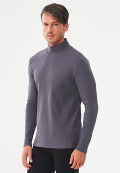 Men's Long-Sleeved Ribbed Turtleneck Shirt Asphalt