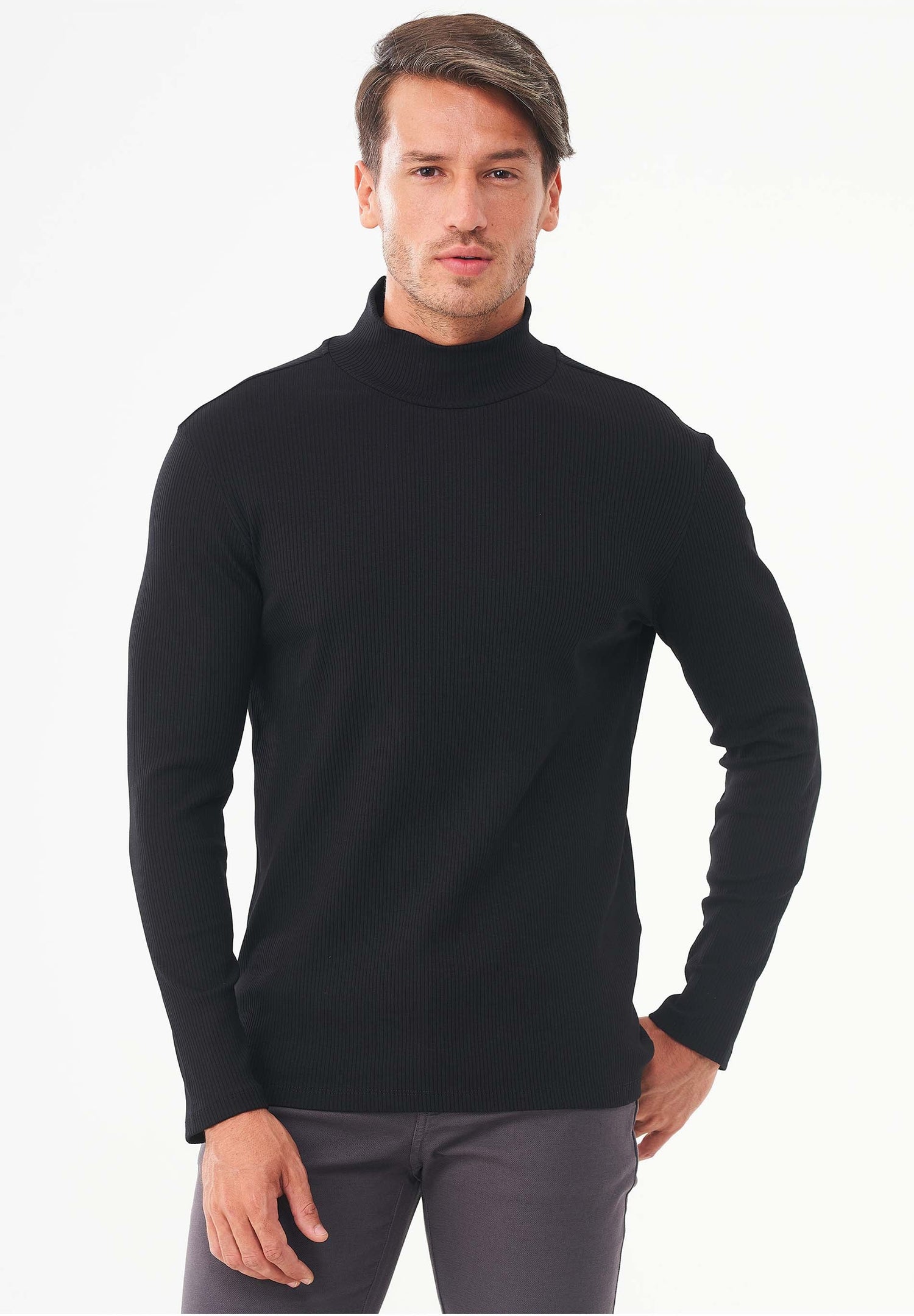 Men's Long-Sleeved Ribbed Turtleneck Shirt Black