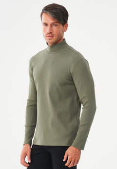 Men's Long-Sleeved Ribbed Turtleneck Shirt Khaki