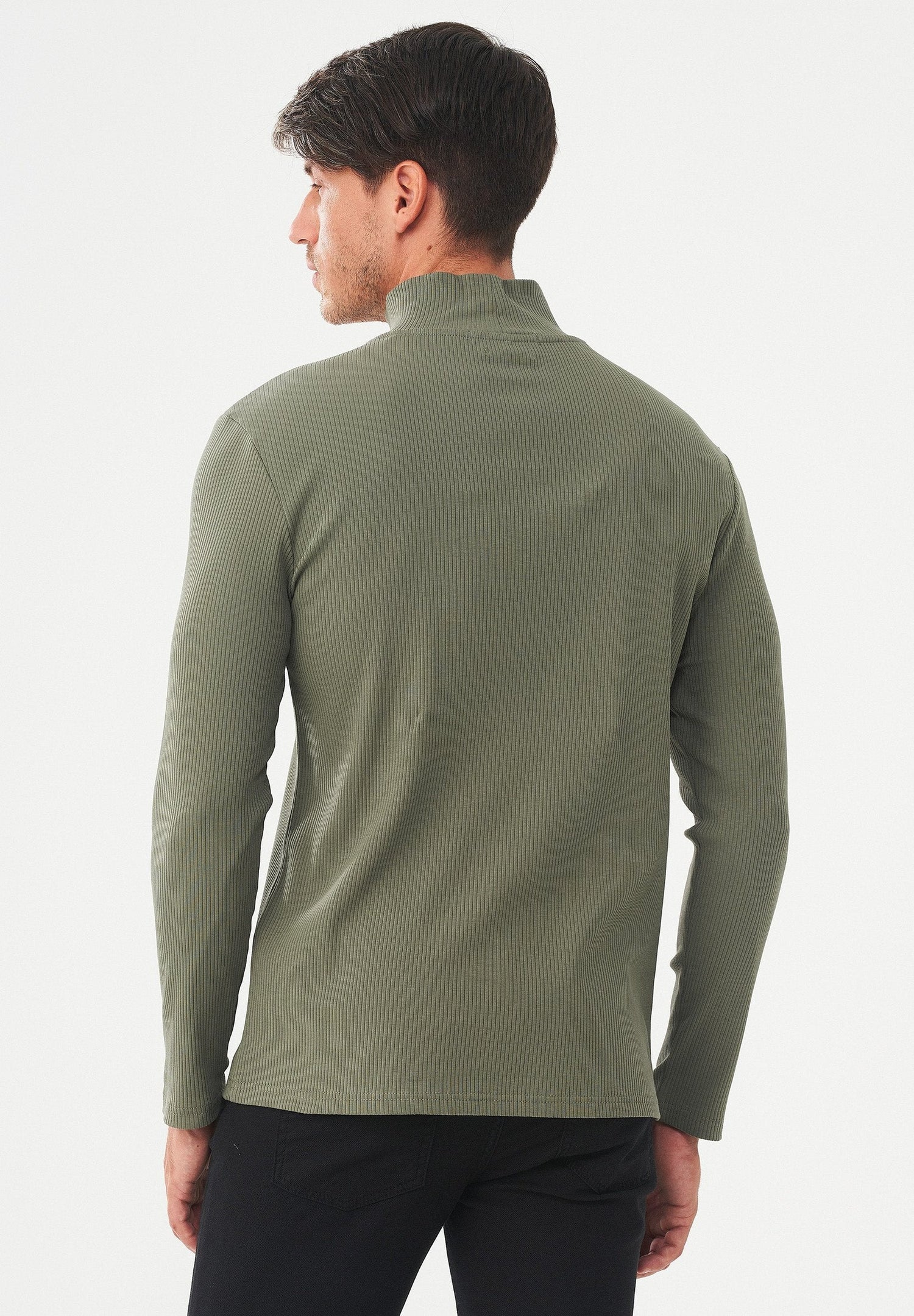 Men's Long-Sleeved Ribbed Turtleneck Shirt Khaki