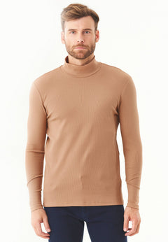 Men's Long-Sleeved Ribbed Turtleneck Shirt Light Brown