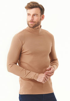 Men's Long-Sleeved Ribbed Turtleneck Shirt Light Brown