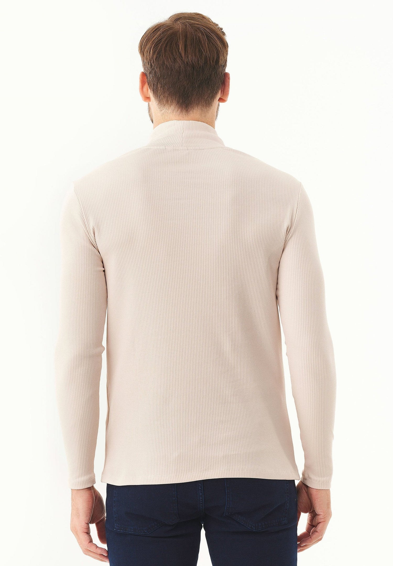 Men's Long-Sleeved Ribbed Turtleneck Shirt Stone