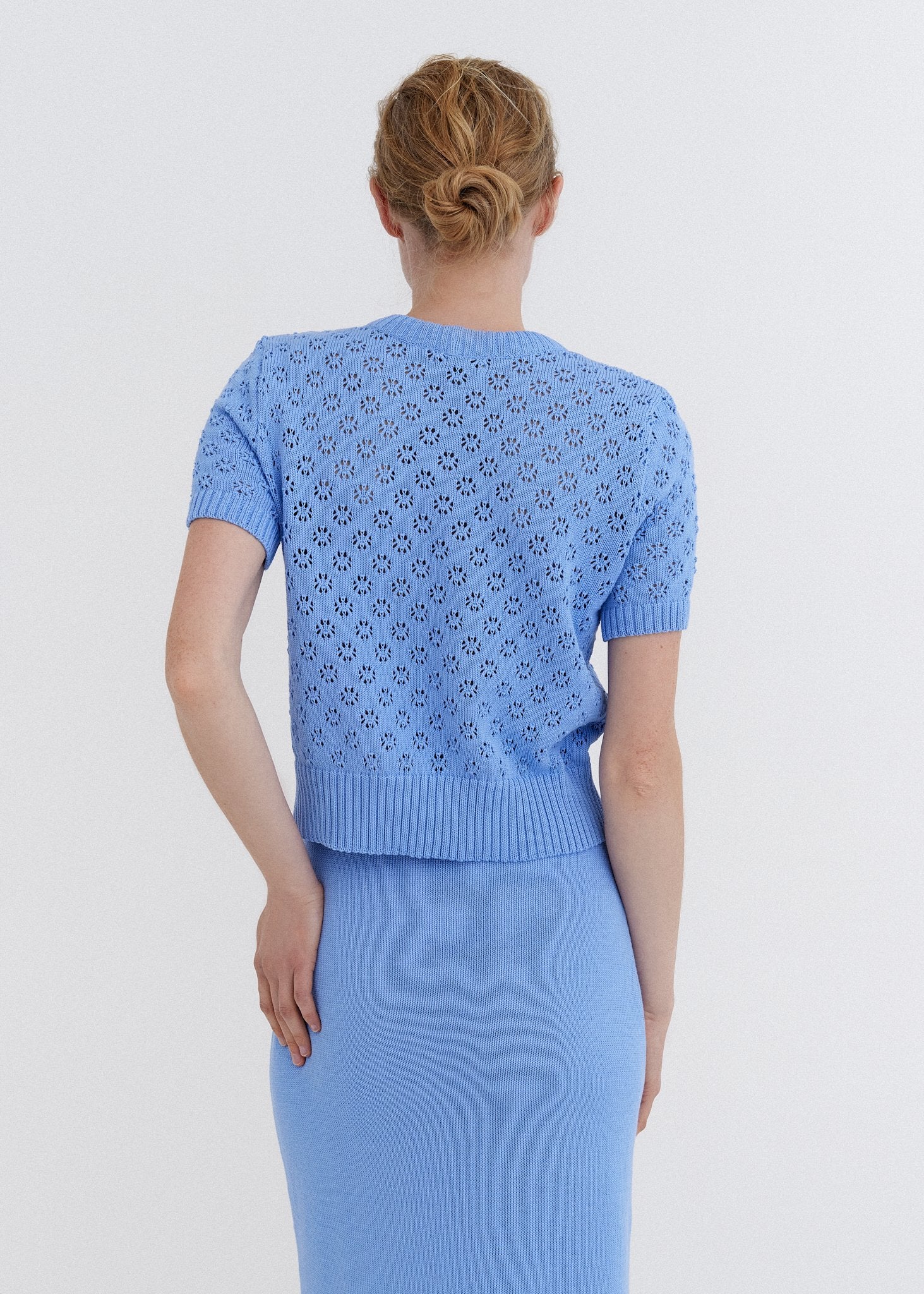 Monala sky blue cotton lace top, back view