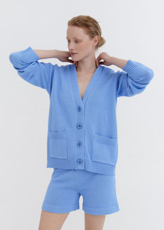 Knitted Cotton Cardigan and Shorts Set Sky