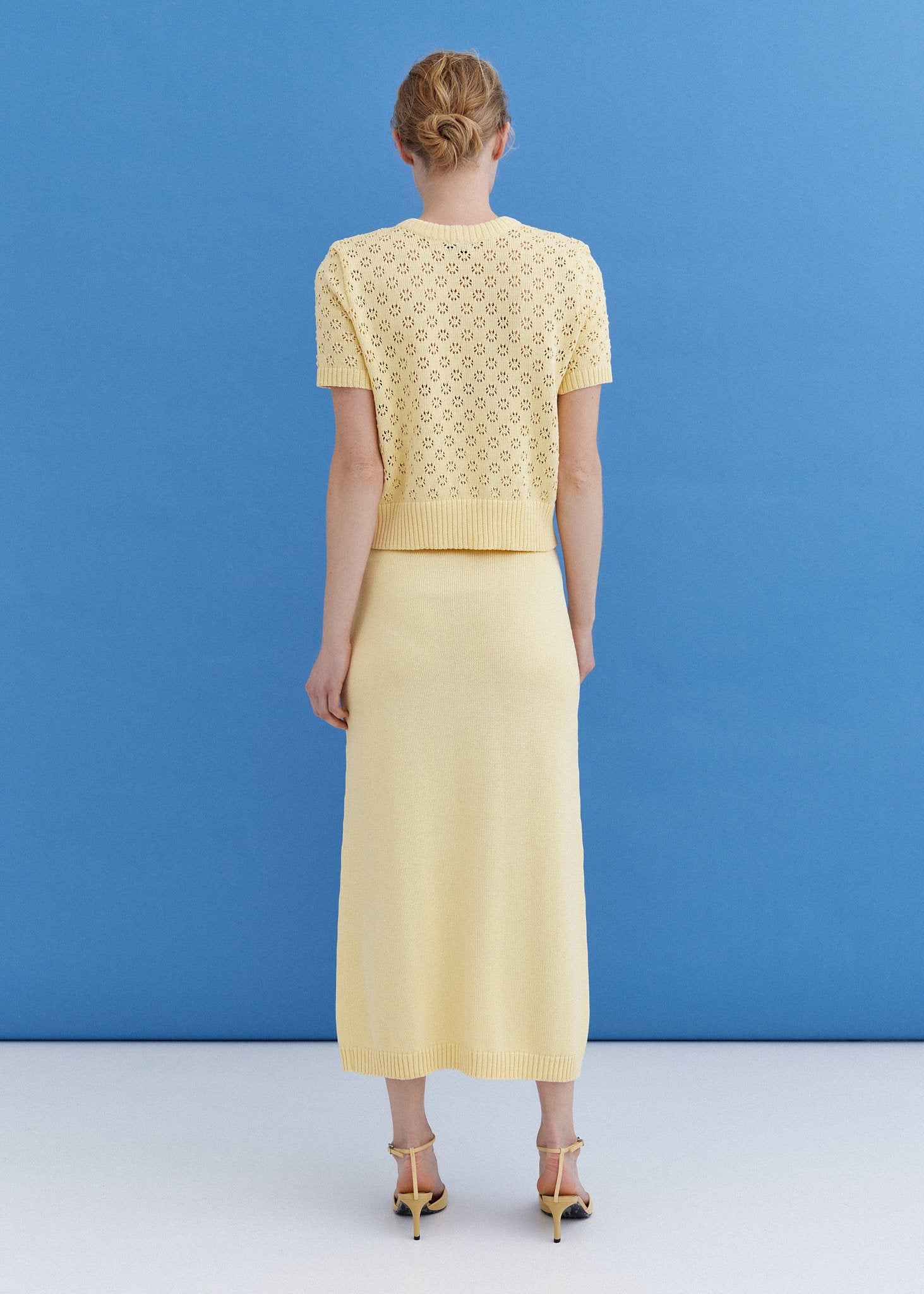 Monala yellow cotton lace top, back view