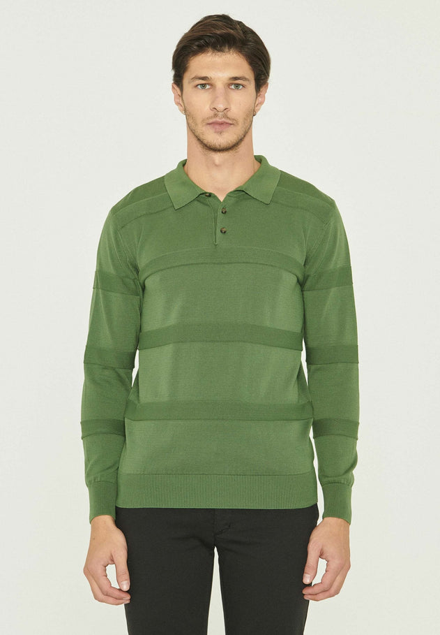 Men's Polo Collar Striped Knit Sweater Green