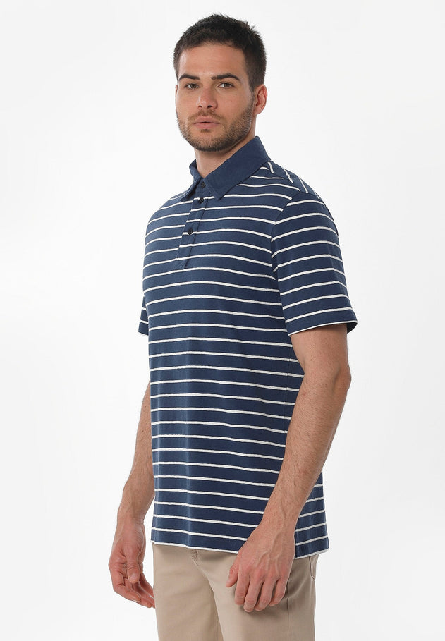 Men's Striped Polo Shirt Organic Cotton Linen Blend Navy/Off-White