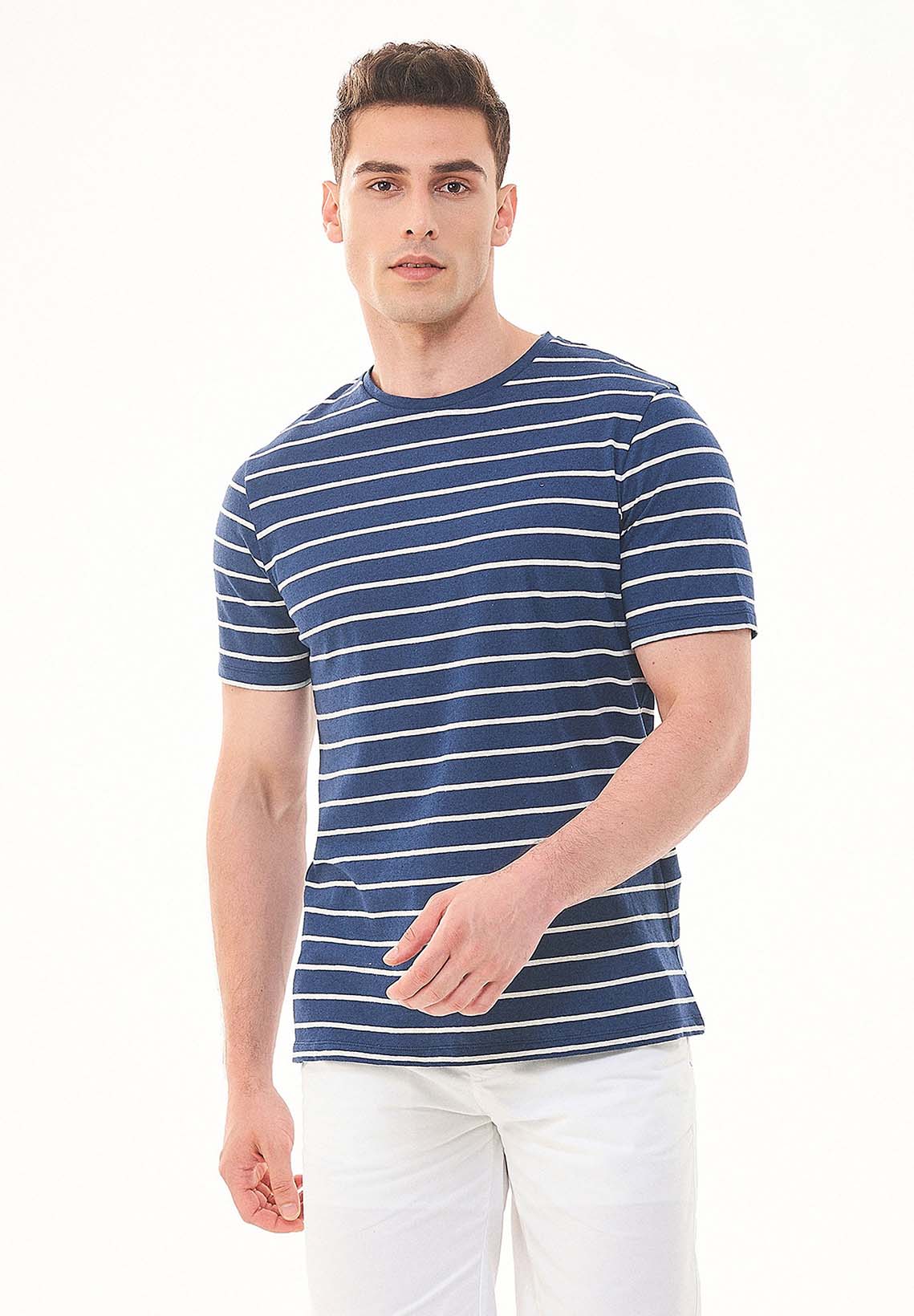 Men's Striped Linen Blend T-Shirt Navy / Off White