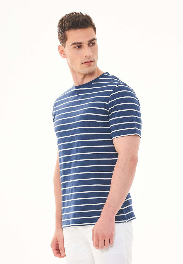 Men's Striped Linen Blend T-Shirt Navy / Off White