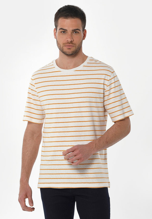 Men's Striped Linen Blend T-Shirt Off White / Mango