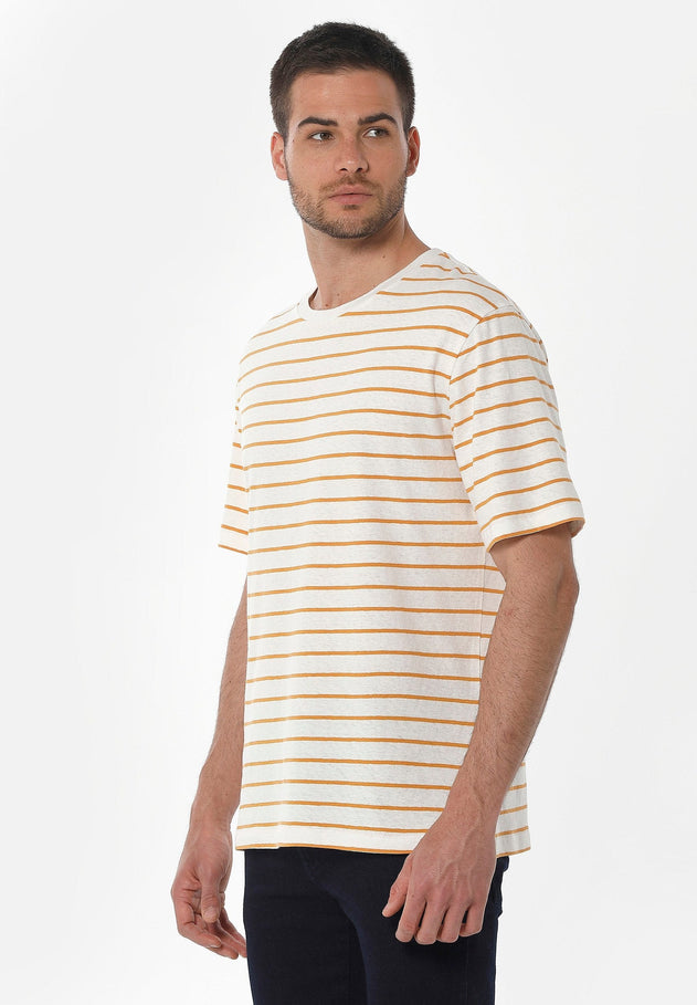 Men's Striped Linen Blend T-Shirt Off White / Mango