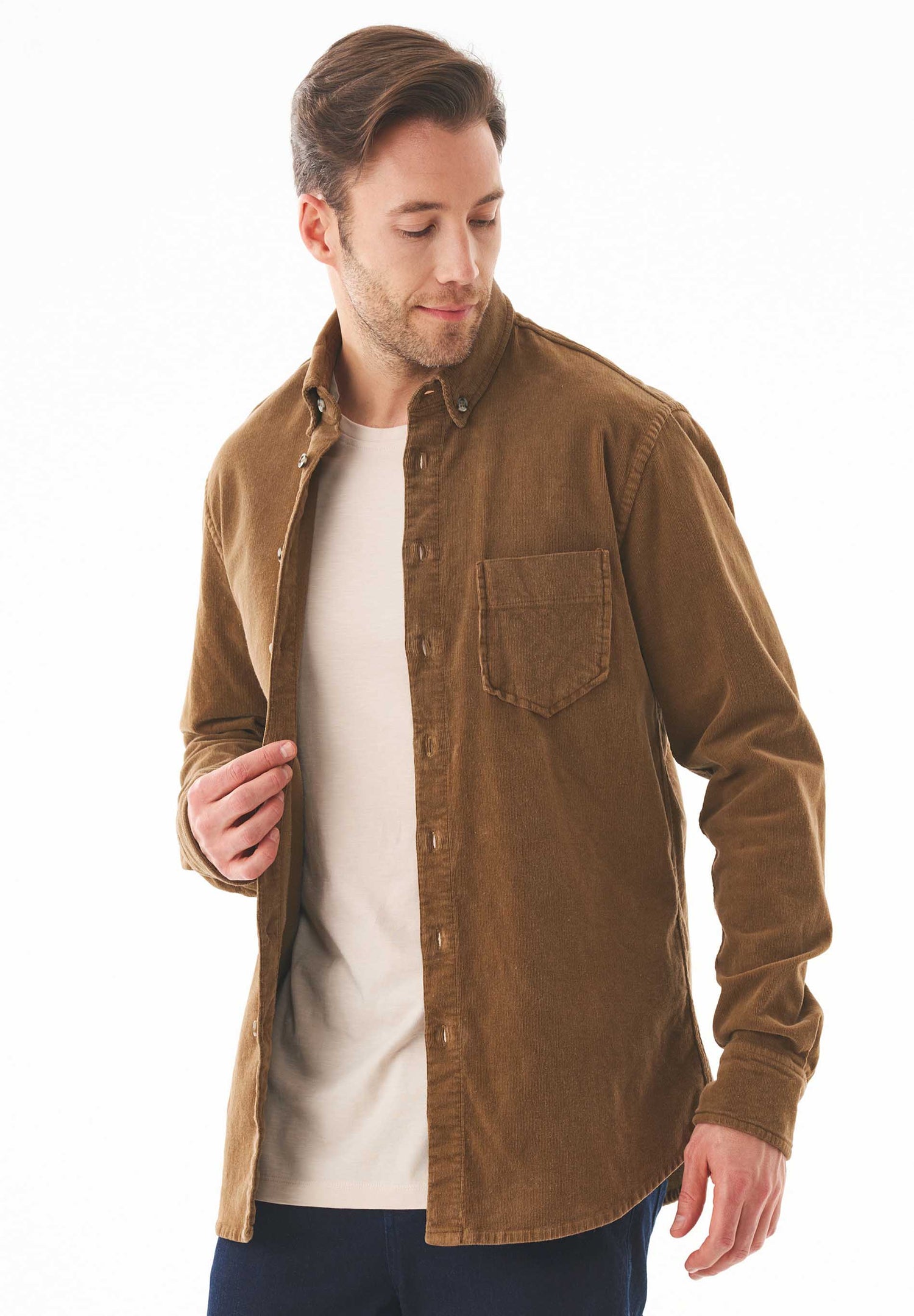 Men's Corduroy Button-Up Shirt Camel