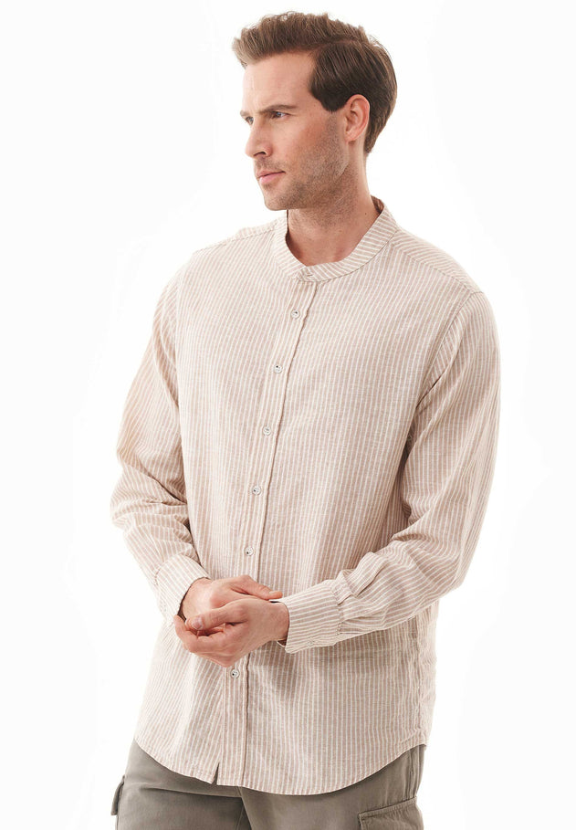 Men's Striped Linen Blend Stand-Up Collar Shirt Sand / Ecru
